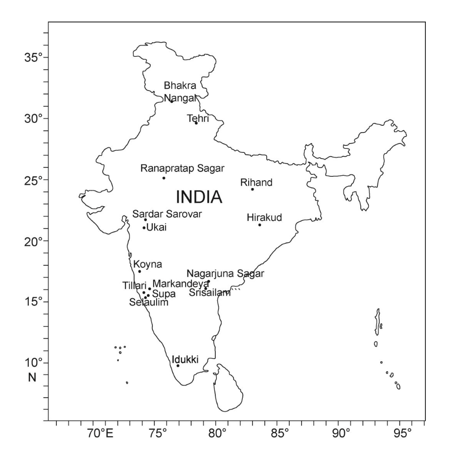 Karte der Stauseen in Indien, aus denen Wasserproben entnommen wurden (Quelle: Begleitmaterial der Originalveröffentlichung, Nature Communications)
