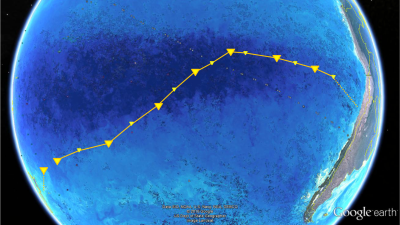 Looking at our planet from the right side, there is a lot of water and little earth. RV Sonne crossed the SPG from Chile to New Zealand. The picture also shows chlorophyll concentrations derived from NASA imagery. Dark areas show the gyre middle or 