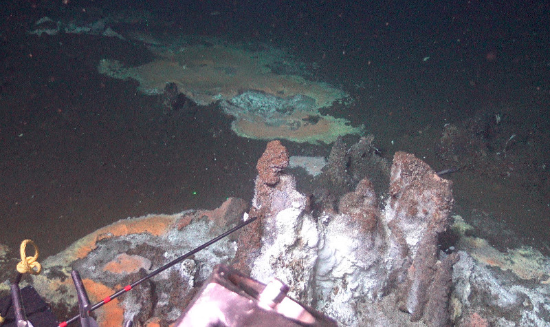 View from Alvin at 2000 m depth. In the front a smeker with white gelatenous mats of Arcobacter, in the background a large Beggiatoa mat. The beggiatoa is indeed reddish in the middle and white on the outside. These are two different species.