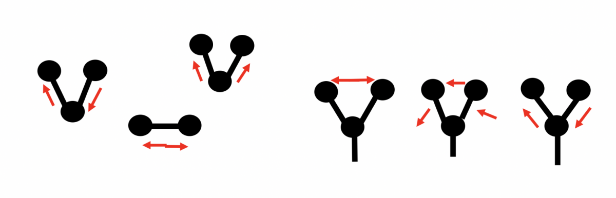 Drawing of molecules excited by a laser and their possible directional movements during oscillation, spinning, and rotation. (© Max Planck Institute for Marine Microbiology/ D. Tienken)