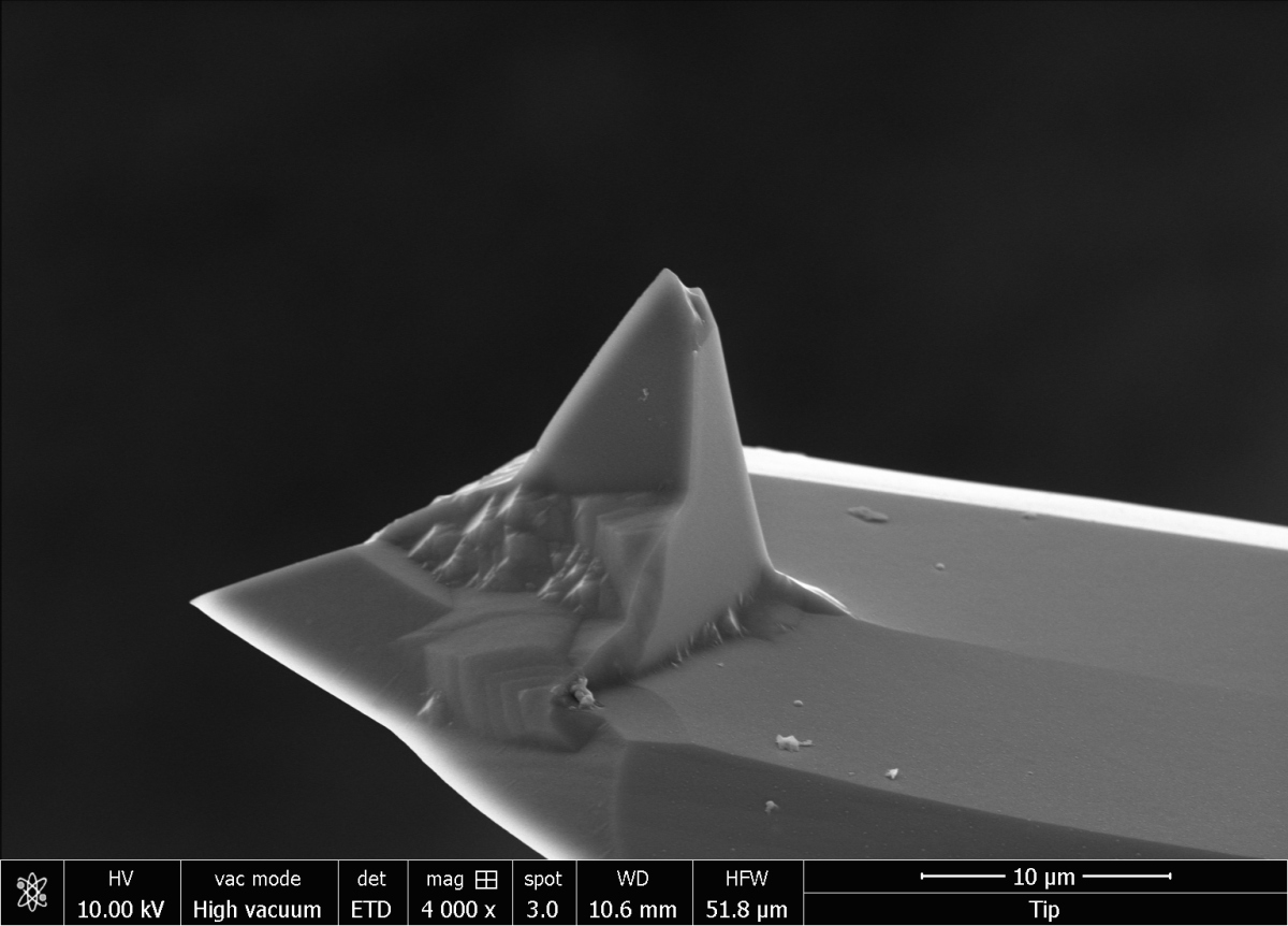 The electron microscope image shows a tip sitting under a metal holder (cantilever). The tip is about 15 µm long, the holder measures approx. 40 µm. There are different sizes and designs. However, the small size makes it clear just how small the pointy end of the tip is. (© Max Planck Institute for Marine Microbiology, Sten Littmann)