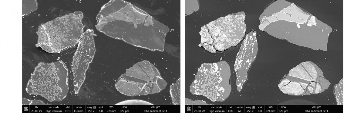 Two SE images of polished grains from marine sediments from the island of Elba. The image on the right is a BSE image of the same grains as in the image on the left. Because of the higher nuclear charge number of iron, the iron oxide-rich areas in the grains appear brighter in contrast to the silicate matrix. (© Max Planck Institute for Marine Microbiology, S. Littmann)