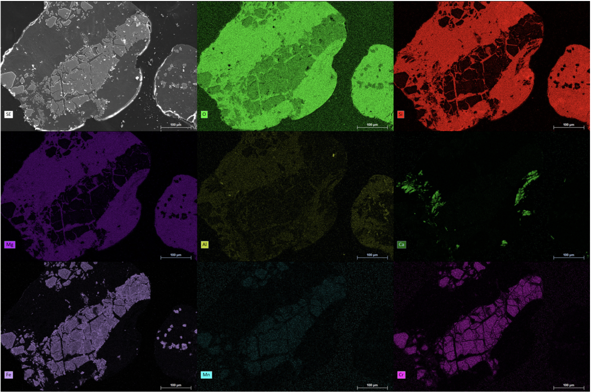 Element-Mapping von marinen Sedimentkörnern von der Insel Elba mittels EDS. Sehr deutlich sind die Unterschiede zwischen der silikatischen Matrix und Fe-Cr-reichen Phasen sichtbar. (© Max-Planck-Institut für Marine Mikrobiologie, S. Littmann)