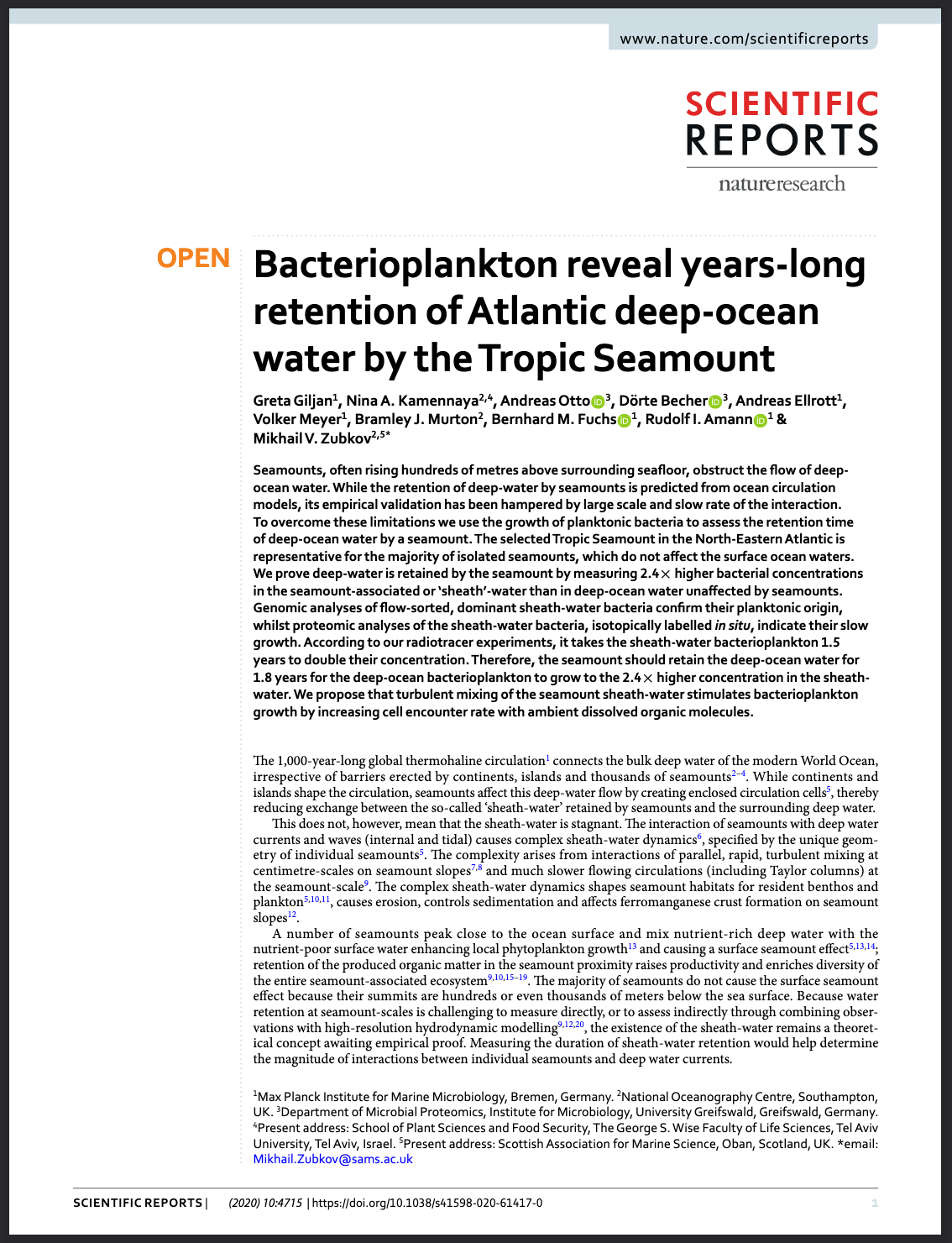 Paper aus Scientific Reports: Bacterioplankton reveal years-long retention of Atlantic deep-ocean water by the Tropic Seamount